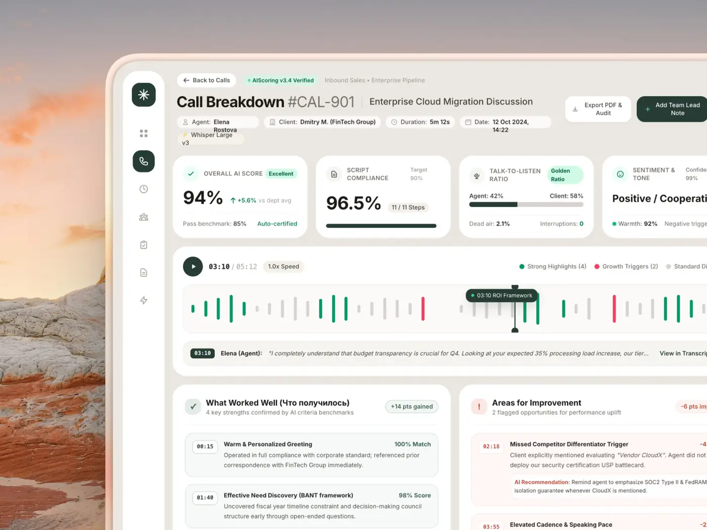 Call breakdown with score, transcript and the next agreed step